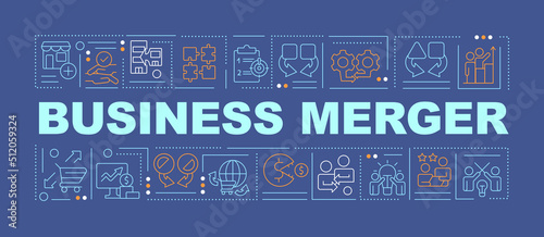 Business merger word concepts dark blue banner. Companies fusion. Infographics with editable icons on color background. Isolated typography. Vector illustration with text. Arial-Black font used