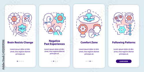 Why we resist change onboarding mobile app screen. Inflexibility walkthrough 4 steps editable graphic instructions with linear concepts. UI, UX, GUI template. Myriad Pro-Bold, Regular fonts used