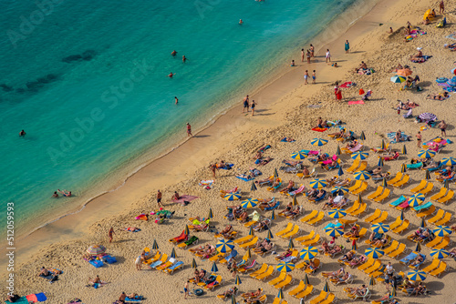 View of Playa de Amadores beach from elevated position, Puerto Rico, Gran Canaria, Canary Islands, Atlantic