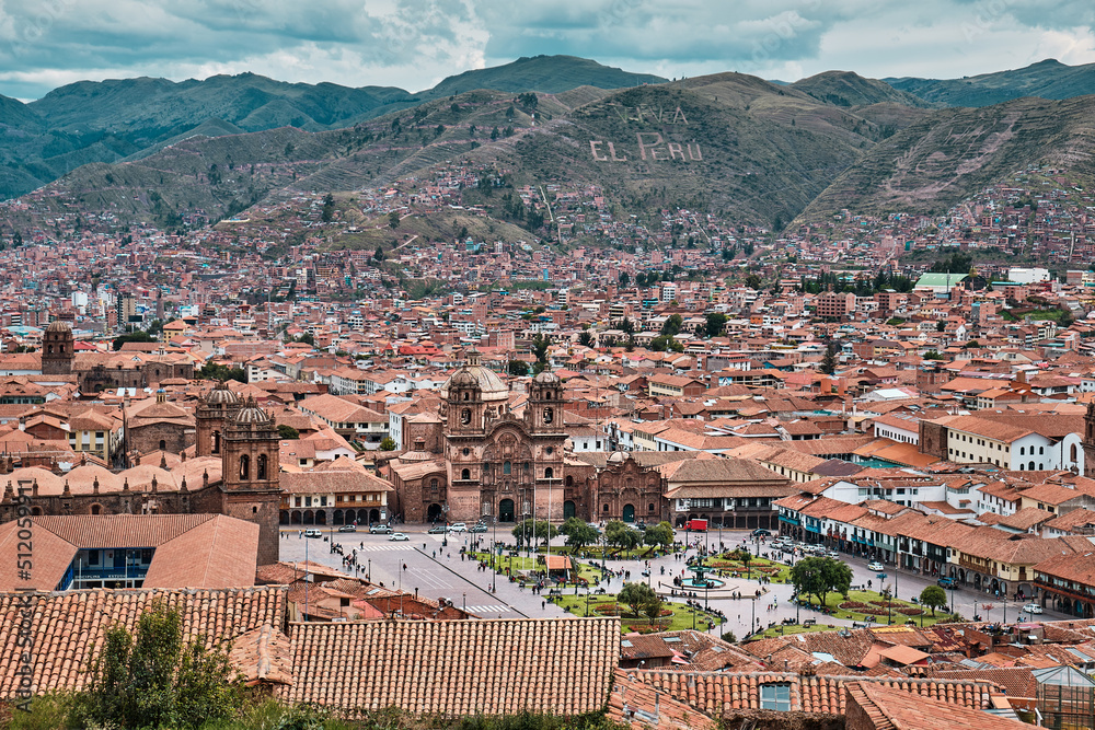 View from a height of the city center in Cusco, Peru.