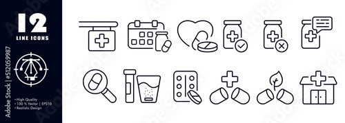 Medicine set icon. Pharmacy, pill reminder, syrup, first aid kit, heart, pulse, cardiogram, test tube, dietary supplement, hospital, capsule. Health care concept. Vector line icon for Business