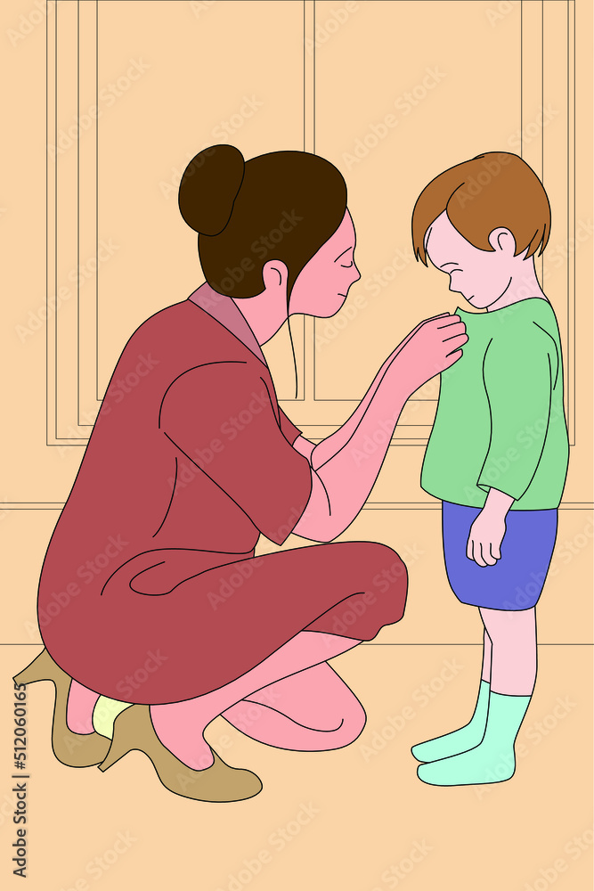 An illustration of a mother buttoning her child's clothes An illustration of a mother buttoning her child's clothes