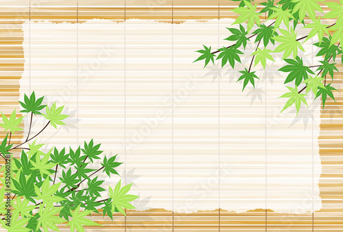 青もみじとすだれの暑中見舞いはがきヨコ