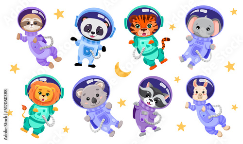 Animals astronauts in suits. Space team with different cute animals tiger panda lion koala alpaca sloth and elephant for children print design. Vector Cartoon illustration for kids