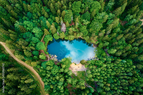Fototapeta Naklejka Na Ścianę i Meble -  Blue lake in the middle of green forest, aerial view. Wild colorful lake in mountain park in Poland. Beautiful nature landscape