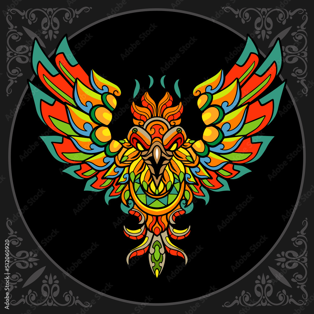 Fototapeta premium Colorful Phoenix zentangle arts, isolated on black background