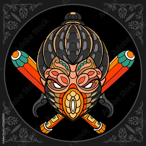 Colorful bandit head zentangle art. isolated on a black background.