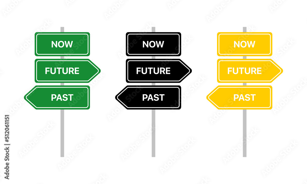 Road signs set icon. Now, Future, past. Temporary Rules of the English