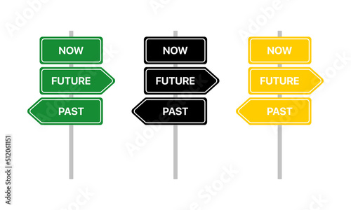 Road signs set icon. Now, Future, past. Temporary Rules of the English Language. Word declension rules. Vector line icon for Business and Advertising