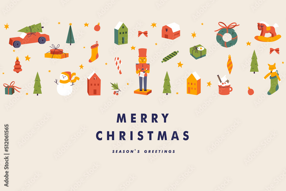 Naklejka premium Vector Christmas greeting card or party invitation poster. Xmas backgrounds with traditional decorations.