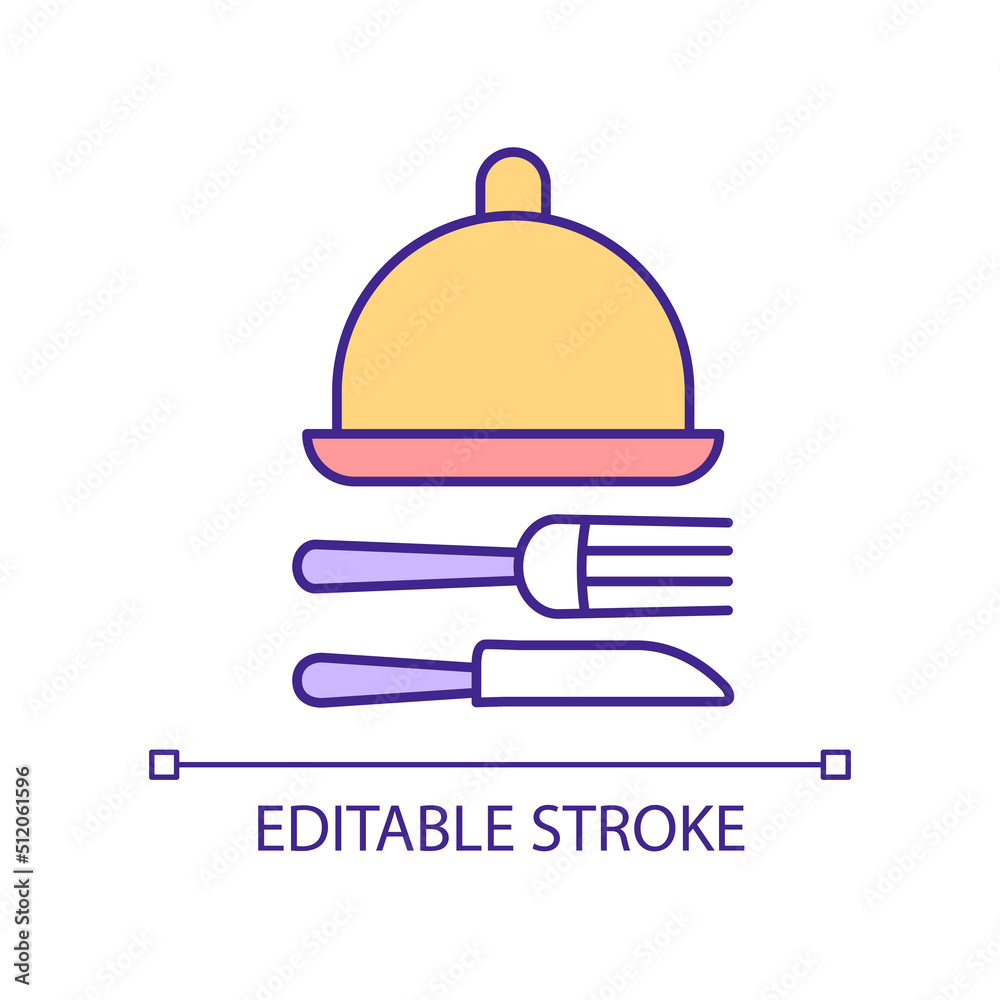 Eating utensils and serveware RGB color icon. Food cover and tray. Knife, fork. Cutlery for restaurant. Isolated vector illustration. Simple filled line drawing. Editable stroke. Arial font used Eating utensils and serveware RGB color icon. Food cover and tray. Knife, fork. Cutlery for restaurant. Isolated vector illustration. Simple filled line drawing. Editable stroke. Arial font used