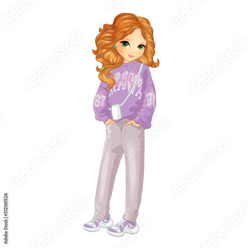 Girl In Oversized Lilac Sweater And Sneakers