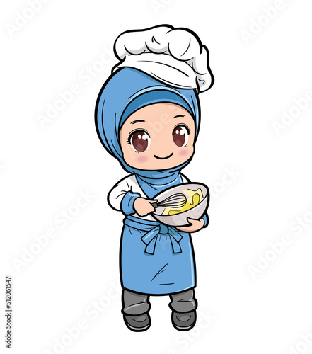 Cute female muslim chef beating eggs with an egg whisk