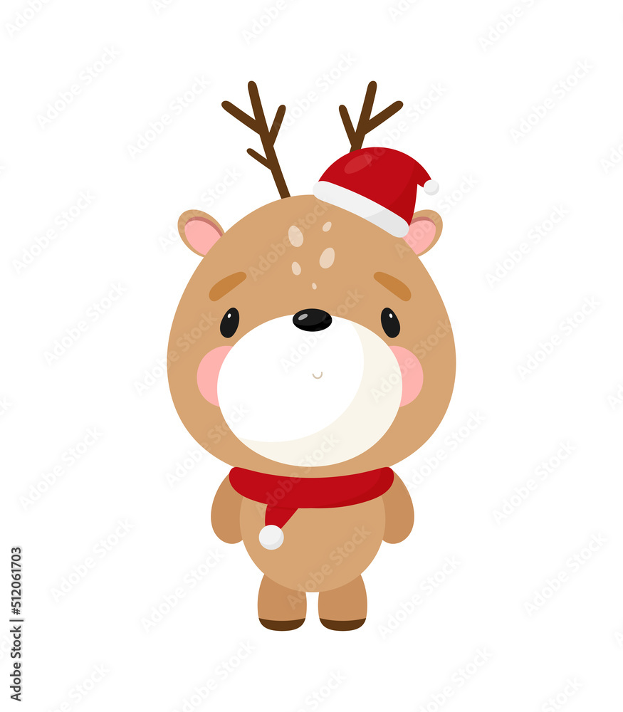 Obraz premium Christmas deer. Cartoon style. Vector illustration. For card, posters, banners, books, printing on the pack, printing on clothes, textile or dishes. 