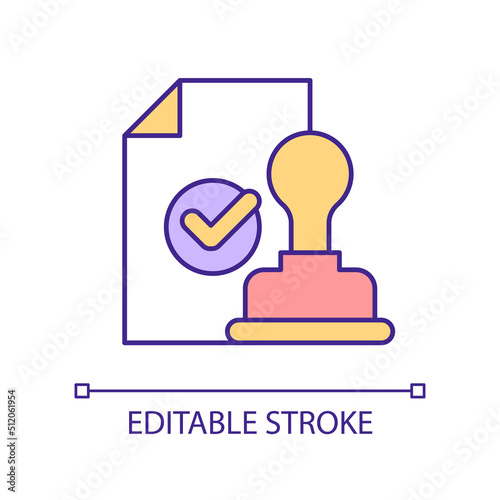 Approved document with certified stamp RGB color icon. Proof of identity. Obtaining license. Legal contract. Isolated vector illustration. Simple filled line drawing. Editable stroke. Arial font used