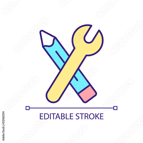 Pencil and spanner RGB color icon. Practical skills. Building and creating. Architecture instruments. Isolated vector illustration. Simple filled line drawing. Editable stroke. Arial font used