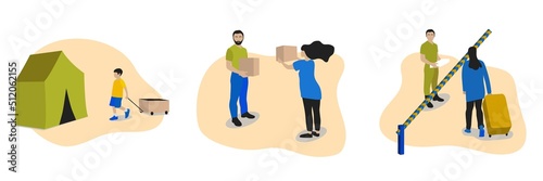 Refugees illustration set. Migrants, volunteers, border control, state aid vector illustration.