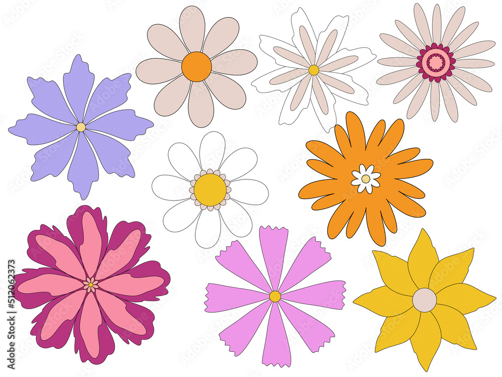 set of flowers in retro style 60s and 70s. isolated illustration on white background. groovy hippie flowers. cute daisy set of flowers in retro style 60s and 70s. isolated illustration on white background. groovy hippie flowers. cute daisy