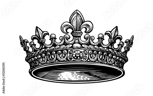 King Crown sketch. Hand drawn royal symbol of power drawn on white. Vintage engraved illustration
