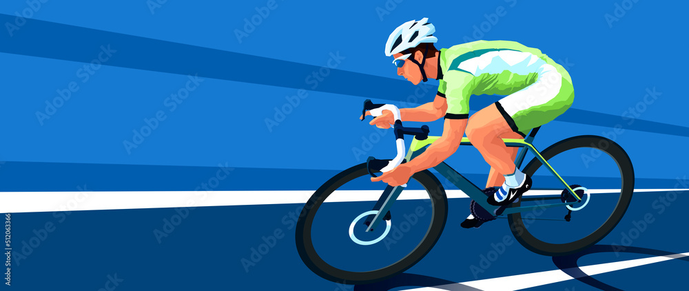 Fototapeta premium A cyclist rushes on a road bike. In the gear. Gravel bike. Cycling team. Dynamic scene, high speed. Vector illustration. Blue background, parallel lines