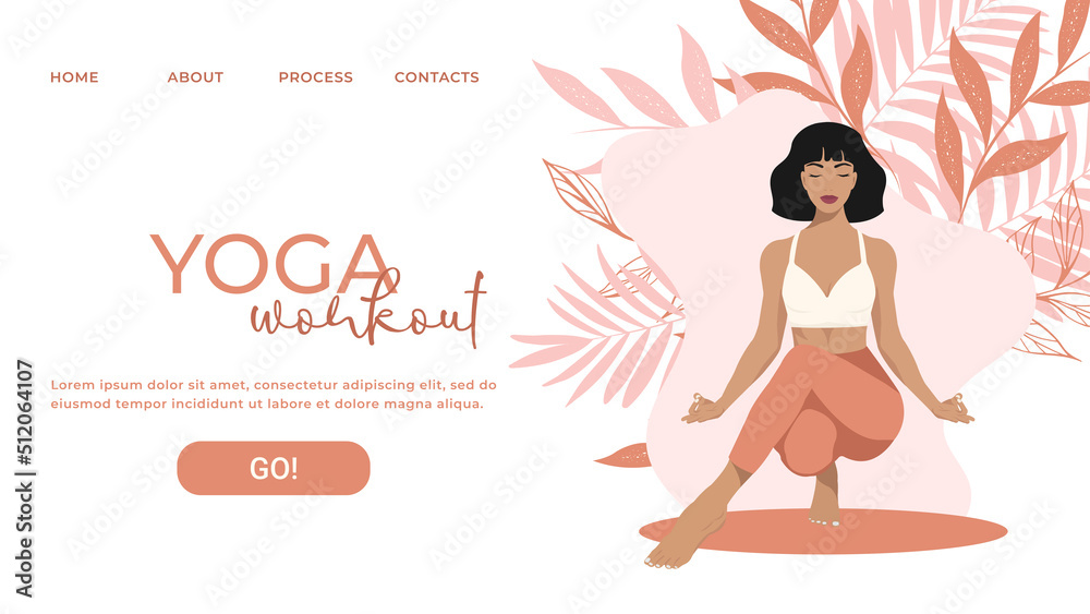 Web page template for yoga school, studio. Modern design for a website. Woman doing a yoga exercise, yoga pose. in pastel colours.