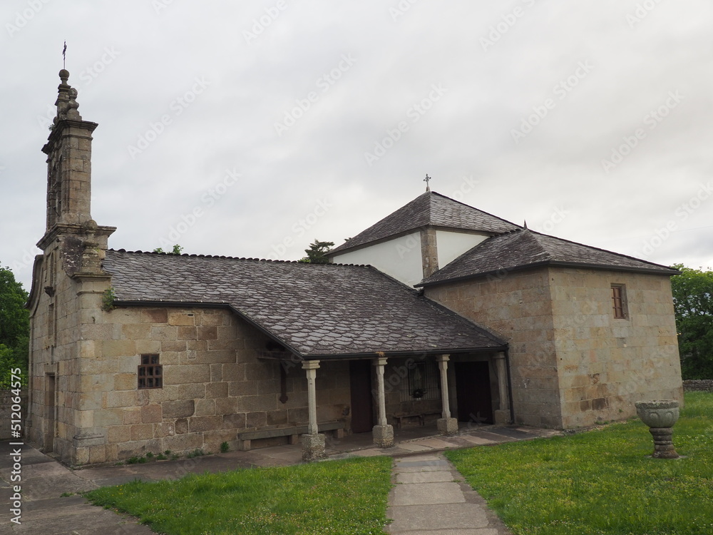 church of san vicente de los vilares, latin cross plan, portico, granite facade and slate roof, bell tower, a baptismal font of medieval origin, lugo, spain, europe