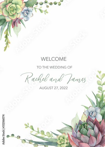 Watercolor vector hand painted wedding invitation card template.
