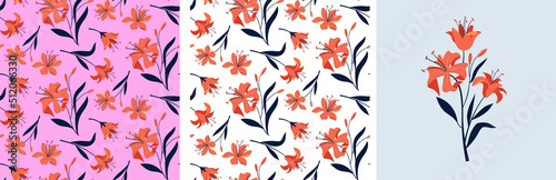 Feminine fashion concept illustration, seamless pattern and flower bouquet of tiger lily flowers. Card, print and poster designs. Flat style vector design