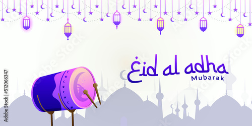 Eid al adha islamic decoration background with sheep bedug drum, lantern, ramadan kareem, mawlid, eid al fitr, muharram