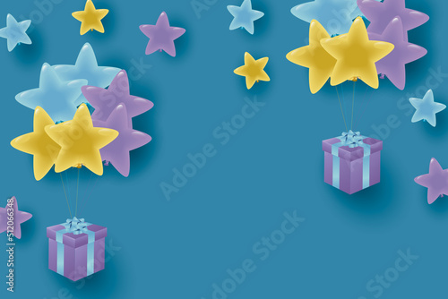 中間色の星形風船とギフトボックスのイラスト