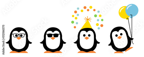 Vier niedliche, lustige Pinguine mit Brille, Sonnenbrille, Partyhut und Konfetti und Luftballons photo