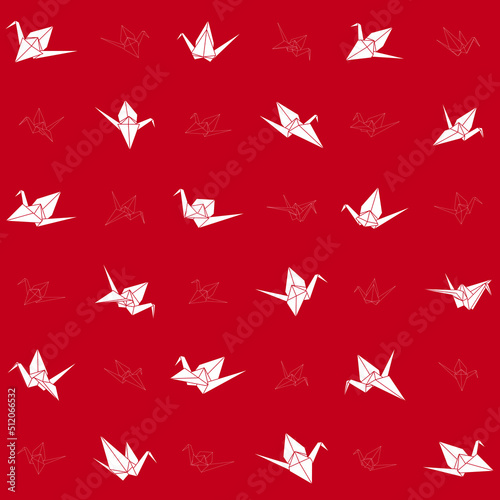 Pattern of origami crane vector silhouette illustration isolated on red background. Japanese traditional origami crane print for fabric and wallpaper. Line shape for art of folded paper.