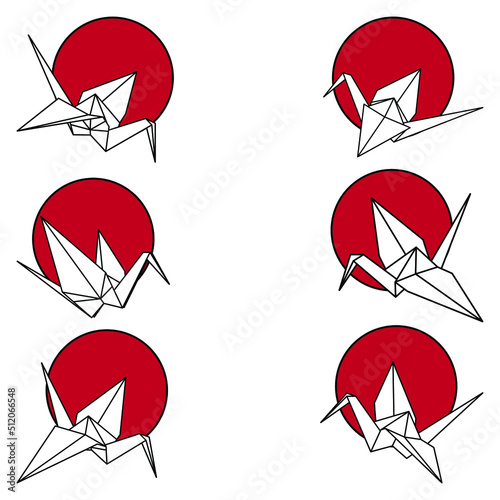 Set of origami crane white on Japan flag in background vector illustration icon isolated on white background. Japanese traditional origami crane for infographic, website or app.