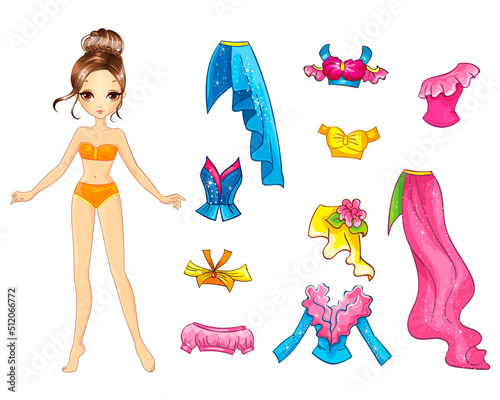 Paper doll with bright summer party outfits