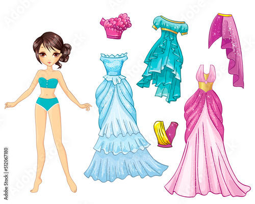 Paper doll delicate blue and purple dresses