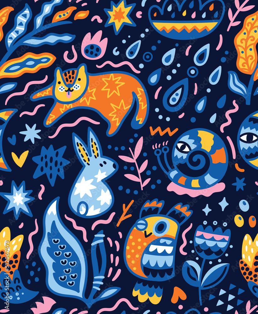 Naklejka premium Cute little animals in the night forest. Cute vector illustration