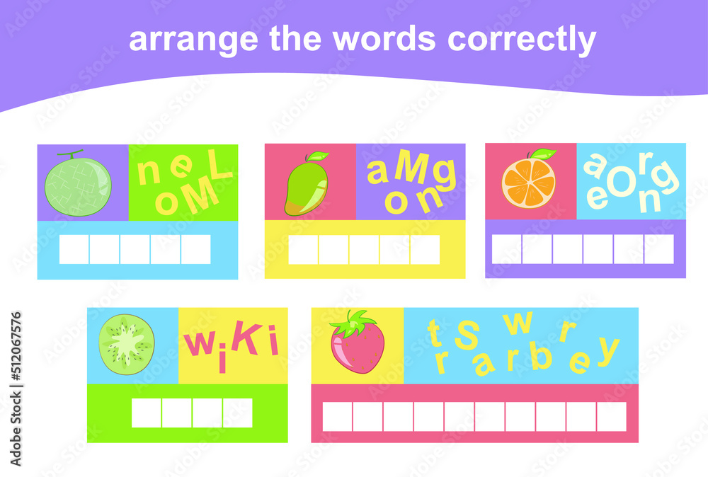 Fototapeta premium Arrange the words correctly. Worksheet for preschool. Writing practice. Vector file.