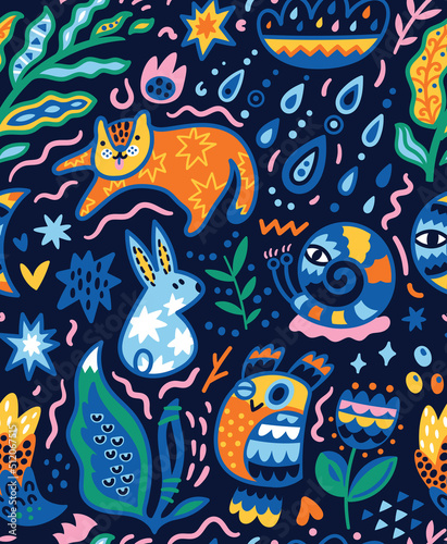 Cute little animals in the night forest. Cute vector illustration