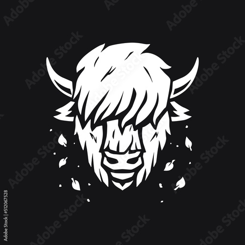 Highland Cattle head vector illustration template. Scottish Cow mascot logo isolated on black background. Can be used for labels, banners, or advertisements.