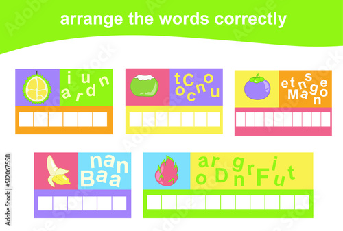Arrange the words correctly. Worksheet for preschool. Writing practice. Vector file.