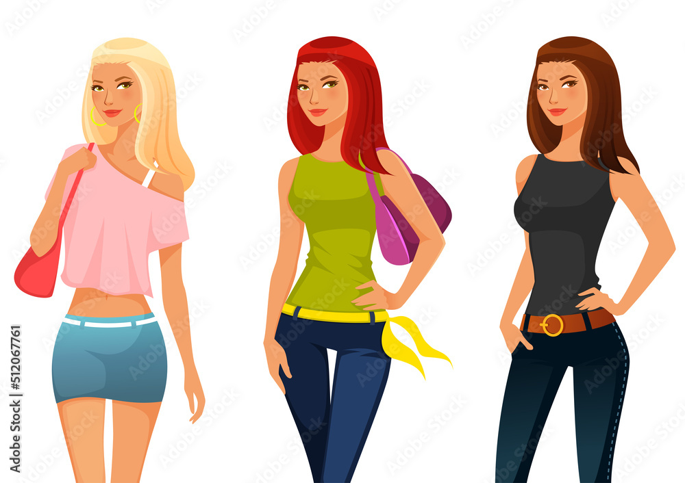 illustration of young beautiful women in summer fashion, jeans and colorful tops illustration of young beautiful women in summer fashion, jeans and colorful tops