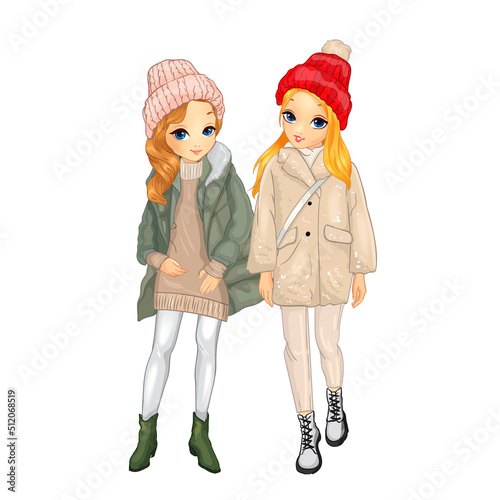 Girls in warm coats and knitted hats