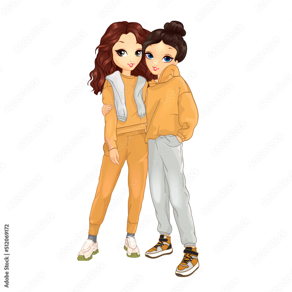 Cute girls in sports cozy suits stand Cute girls in sports cozy suits stand