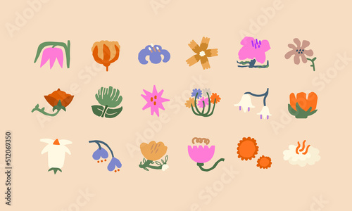 Flower buds in naive cutout style. Floral blossom in the garden. Different meadow wildflowers on vintage cartoon hand drawn manner. Decoration elements for branding. Isolated vector
