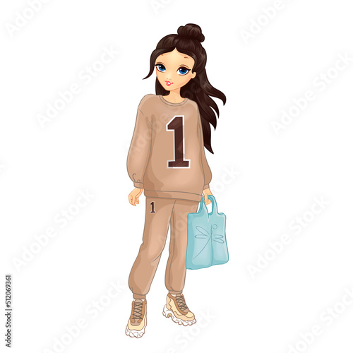 Girl in beige sports suit with bag