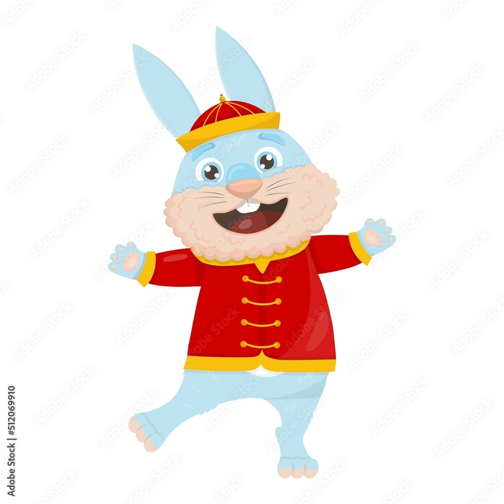 cute cartoon blue rabbit in a national Chinese costume is dancing and waving its paws cute cartoon blue rabbit in a national Chinese costume is dancing and waving its paws