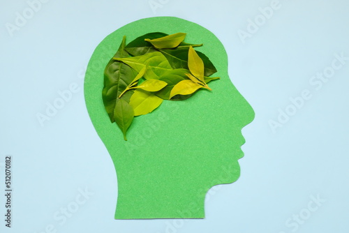 Environment conservation ideas, awareness, initiative, innovation and think solution for environmental problem concept. Human head profile cutout with fresh leaves as brain.