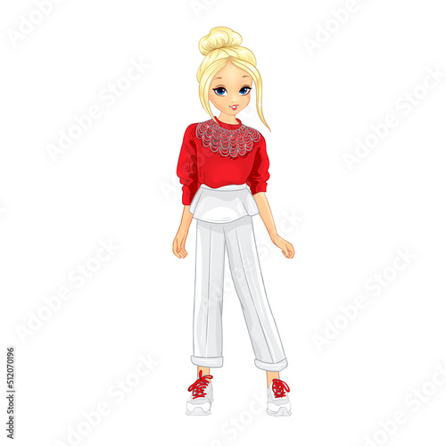 Girl in red sweater with beaded collar