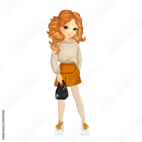 Red haired girl in skirt and hoodie