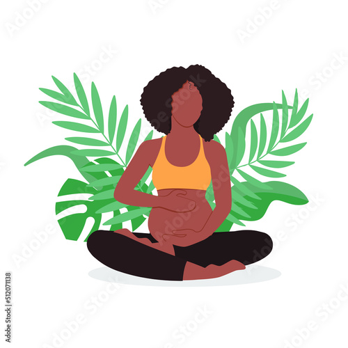 Pregnant African happy woman meditating in nature and leaves. Concept illustration for yoga, meditation, relax, healthy lifestyle. Vector illustration